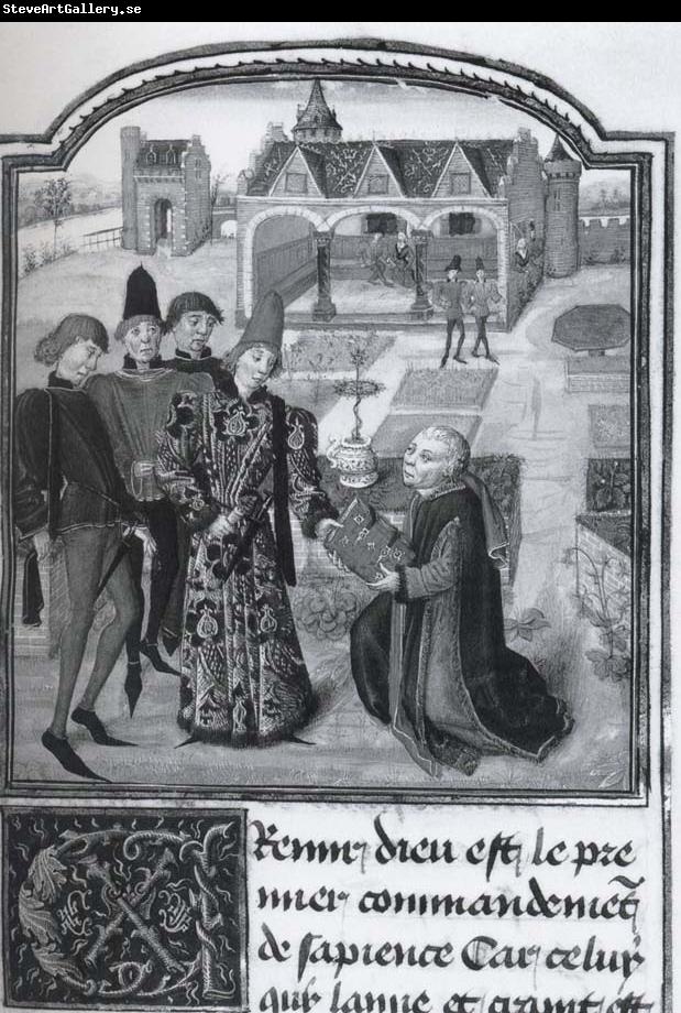 unknow artist Guillbert de Lannoy presenting his book L-Instruction d-un jeune prince to Charles the Bold in a garden
